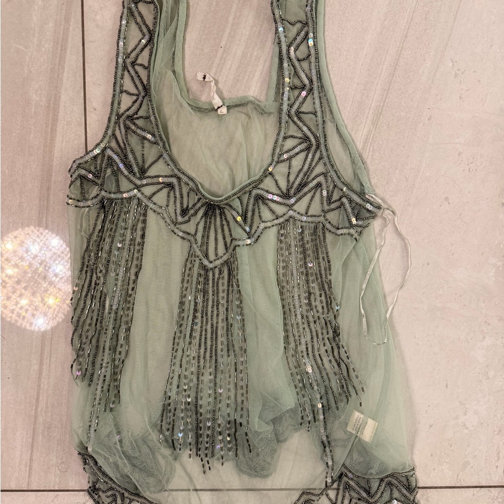 Sage Beaded Sheer Tank Top